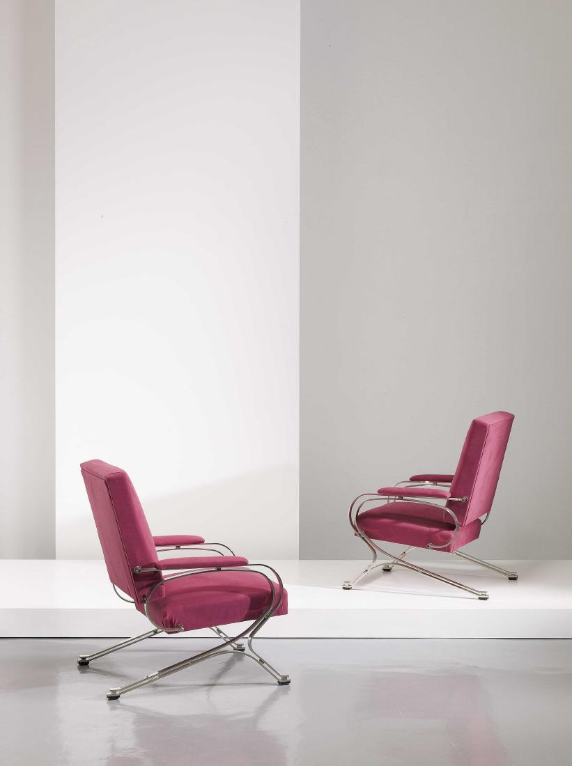 GIANNI MOSCATELLI - A PAIR OF ARMCHAIRS BY G.: Coppia di poltrone mod. Mikaela, Formanova anni '70. Acciaio cromato, tessuto imbottito cm 92x80x71