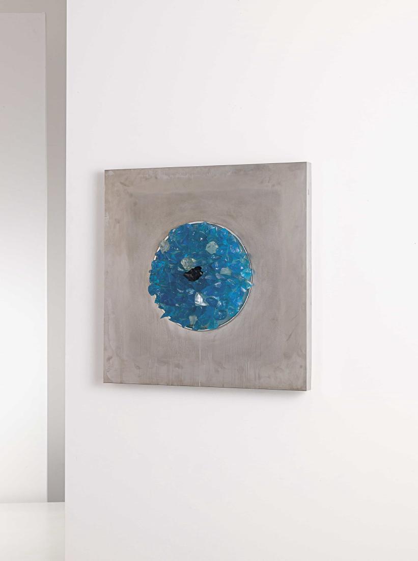 ANGELO BROTTO - A LIGHT PANEL BY A. BROTTO -: Pannello luminoso Oceano blu, Esperia 1974. Legno, acciaio, cristallo scalpellato cm 82x80