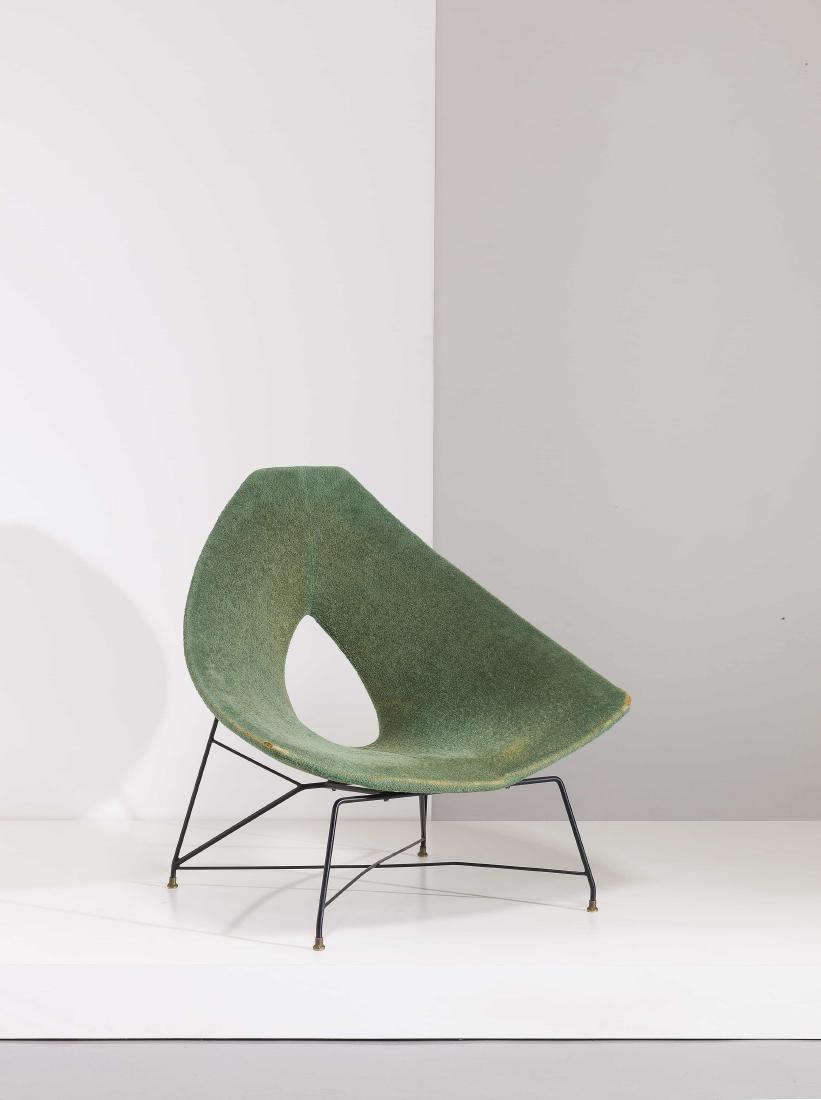 AUGUSTO BOZZI - AN ARMCHAIR BY A. BOZZI -: Poltrona mod. Etere Minor, Saporiti anni '50. Metallo verniciato, gomma, ottone, masonite, tessuto imbottito - Domus n. 324, 1956 - cm 94x88x87