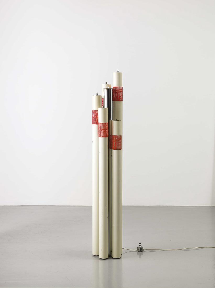 ANGELO BROTTO - A FLOOR LAMP BY A. BROTTO -: Lampada da terra mod. Vanessa, Esperia anni '60. Metallo verniciato, metallo cromato, vetro - Catalogo di produzione - altezza cm 155