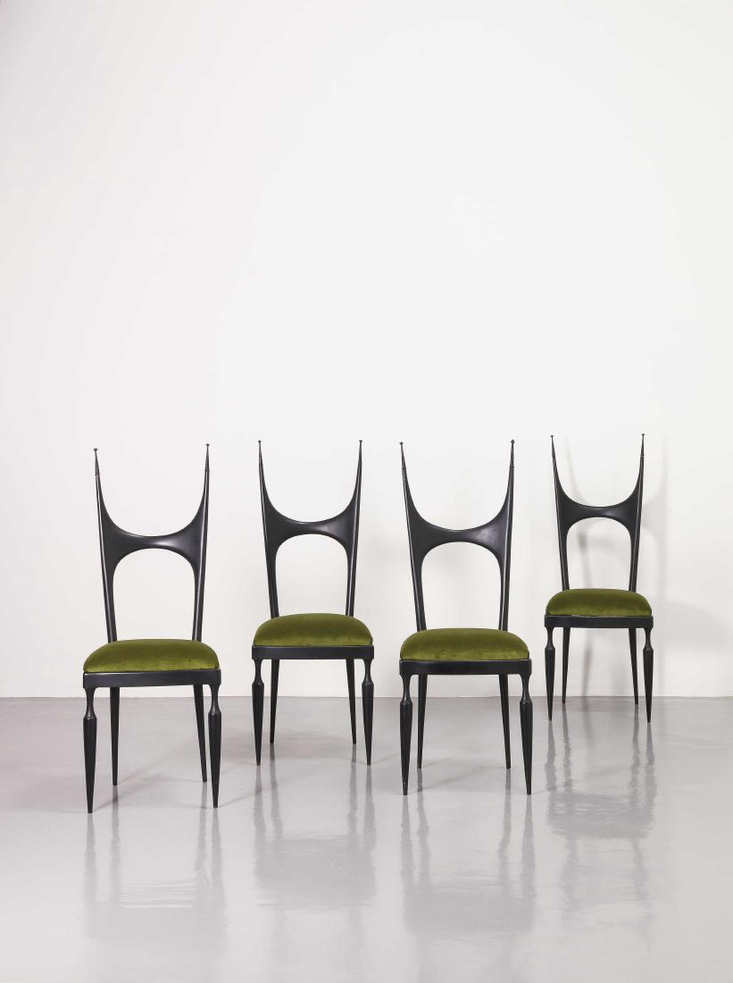 POZZI & VERGA - FOUF CHAIRS BY POZZI & VERGA - 4: Quattro sedie anni '60. Legno ebanizzato, velluto imbottito