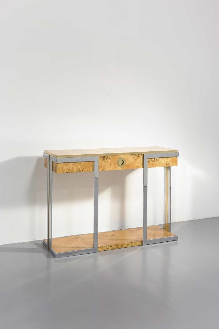 WILLY RIZZO - A CONSOLE BY W. RIZZO -: Consolle, Emart anni '70. Radica, ottone, metallo cromato cm 87x123x38