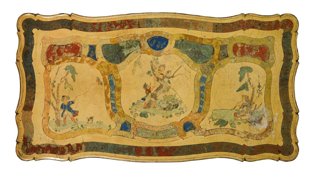 PIANO IN SCAGLIOLA, XIX-XX SECOLO: bordo polilobato, decoro a riserve mistilinee, al centro decorate con scene di genere- usure, alcuni graffi, macchie e sbeccature ai bordi Alt. cm 2,5, larg. cm 125, prof. cm 86 A SCAGLIOLA TABLE TOP,