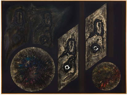 JORGE PIQUERAS: Lima 1925 Reloj de luna, 1960 Olio e tecnica mista su tela, cm 97 x 130 Firmato, datato e titolato sul retro Provenienza: Galleria Lorenzelli, Bergamo Esposizioni: XXX Biennale Internazionale d'Arte d