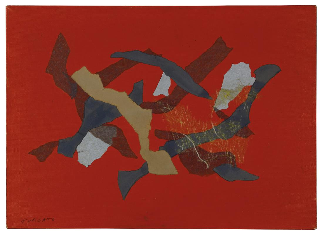 GIULIO TURCATO: Mantova 1912 - Roma 1995 Collage, 1970 circa Olio e collage su tela, cm 50 x 70 Firmato in basso a sinistra- firmato sul retro Opera archiviata e registrata presso l'Archivio Giulio Turcato con il nÃ