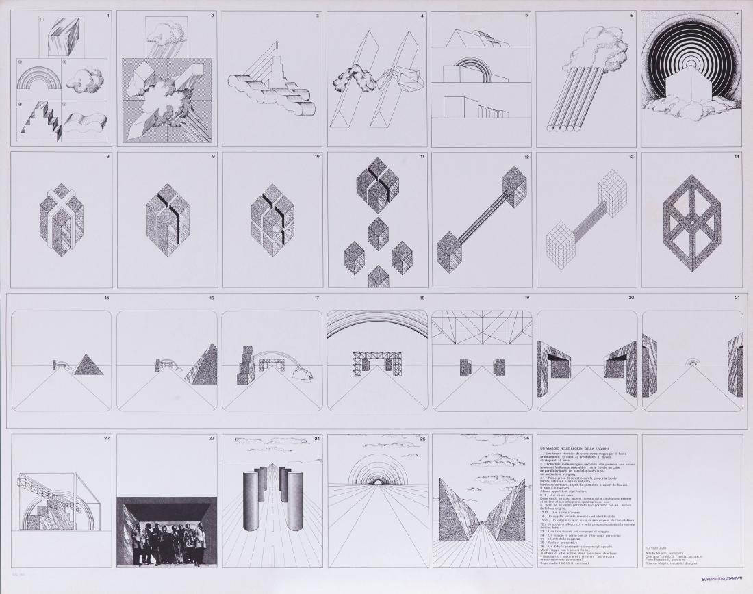 SUPERSTUDIO GROUP: 1966 - 1986 Un viaggio nelle regioni della ragione, 1972 Serigrafia su carta, cm 68,5 x 86,5 Timbrato e firmato in basso a destra, numerato in basso a sinistra Esemplare 484/500