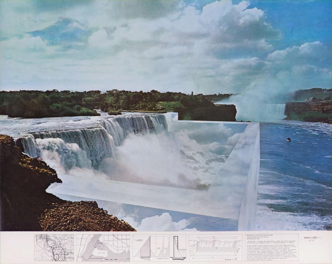 SUPERSTUDIO GROUP: 1966 - 1986 Niagara o l'architettura riflessa, 1970 Offset, cm 68,5 x 86,5 Timbrato, firmato e numerato in basso a destra Esemplare 75/500