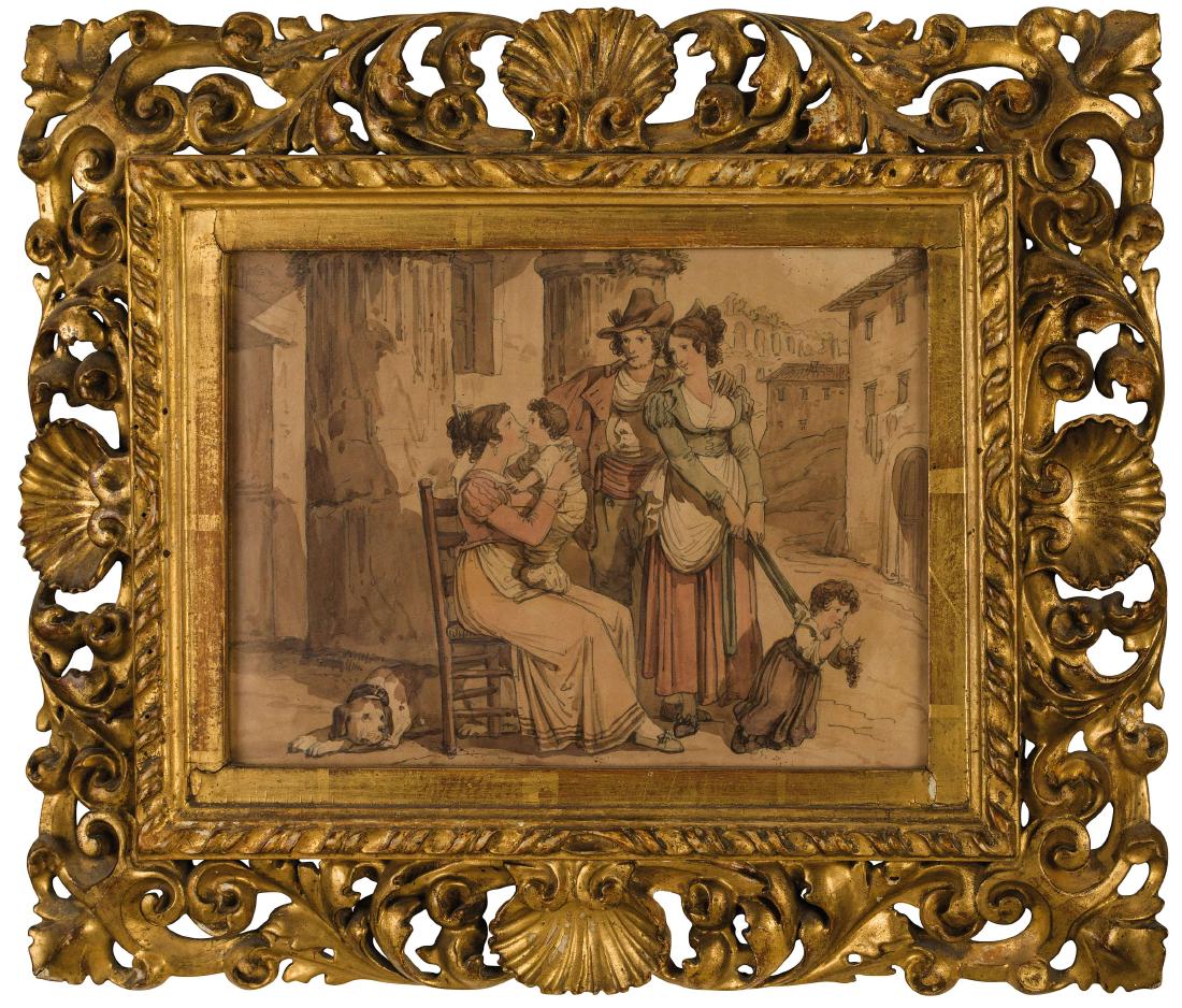 BARTOLOMEO PINELLI: (Roma, 1781 - 1835) Scena familiare con donna seduta, coppia e bimbo Matita e acquerello su carta, cm 22X30 Bartolomeo Pinelli Ã¨ noto soprattutto come illustratore, descrivendo la vita popolare e i