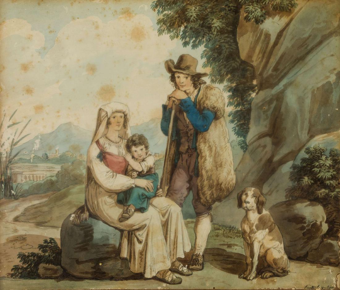 BARTOLOMEO PINELLI: (Roma, 1781 - 1835) La famiglia del pastore con il cane Matita e acquerello su carta, cm 77X31