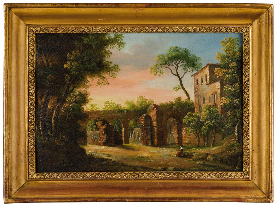JEAN-VICTOR BERTIN (attr.a): (Parigi, 1767 - 1872) Paesaggio con casolare e figure Olio su tela, cm 25X36 Jean Victor Bertin nasce a Parigi da una famiglia di modesta levatura che non gli impedisce l'iscrizione nel 1785 all'Accad