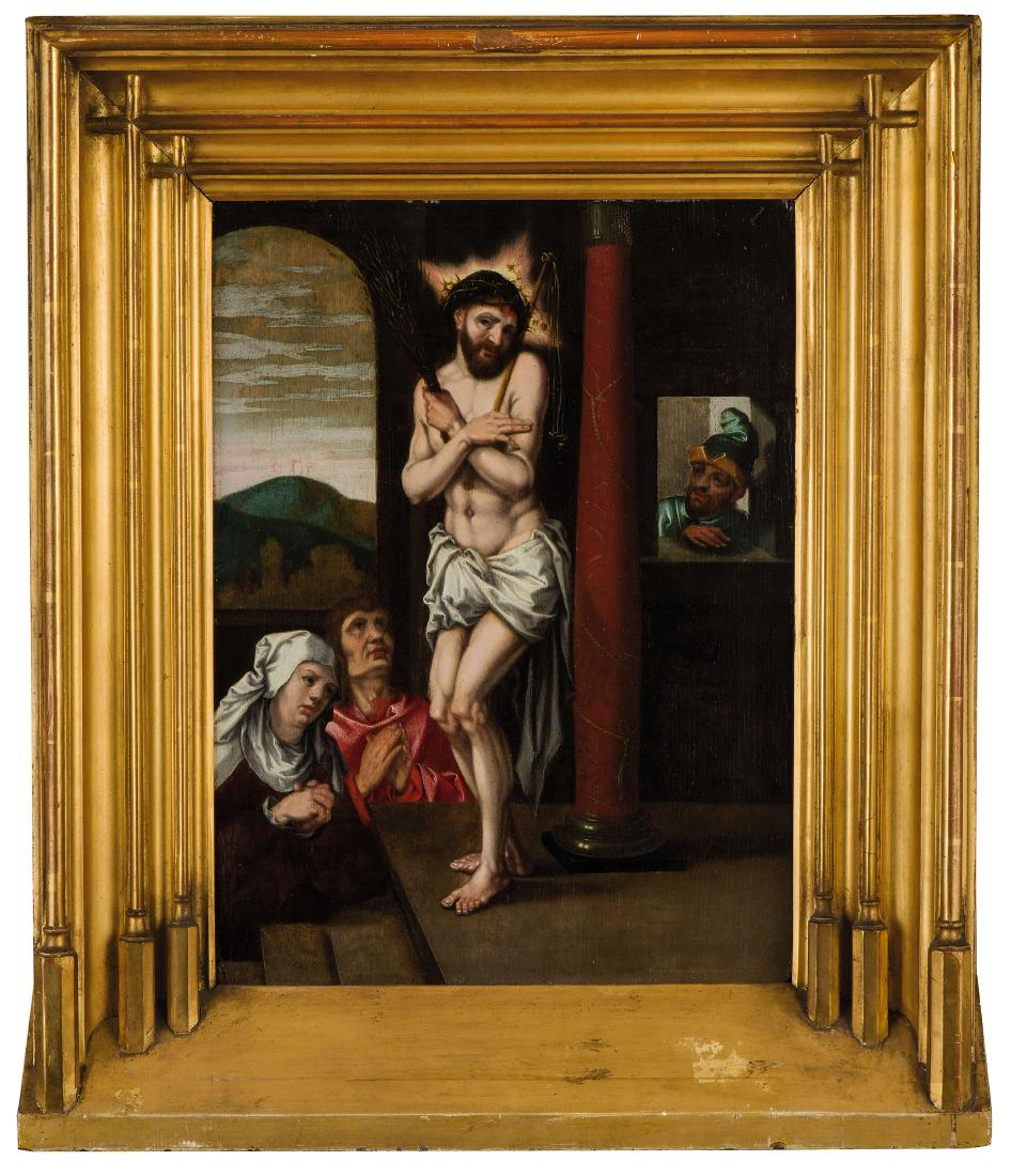 PITTORE FIAMMINGO DEL XVI SECOLO: Cristo alla colonna Olio su tavola, cm 45X60 La tavola evoca chiaramente i modelli illustrativi di Jan Gossaert, una simile composizione ma con il Cristo seduto si conserva presso il Staatliche Kunsth