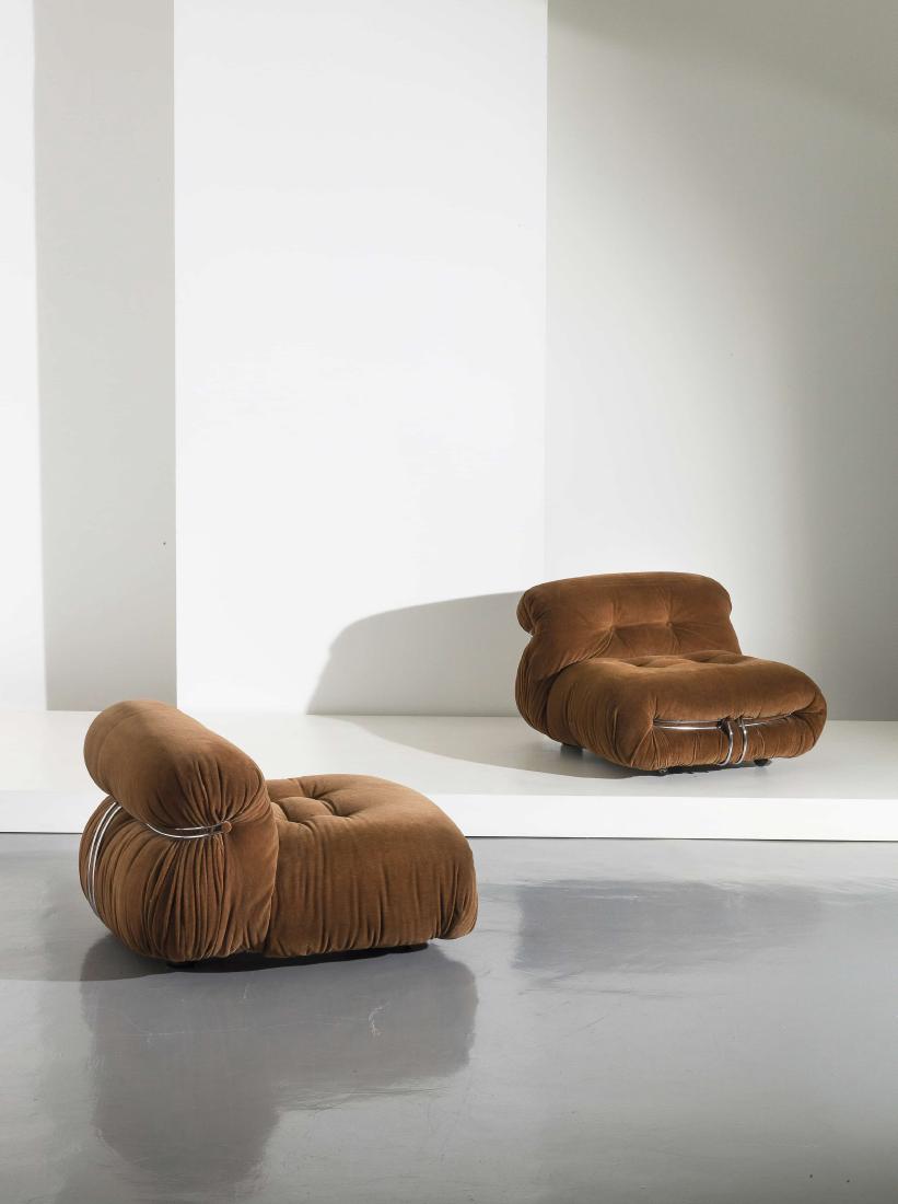 AFRA & TOBIA SCARPA 2: Coppia di poltrone mod. Soriana, Cassina 1970. Metallo cromato, velluto imbottito - A PAIR OF ARMCHAIRS BY A. & T. SCARPA cm 70x100x90 G. Gramigna "Repertorio del Design Italiano" 1950 - 2000 Vol. I p