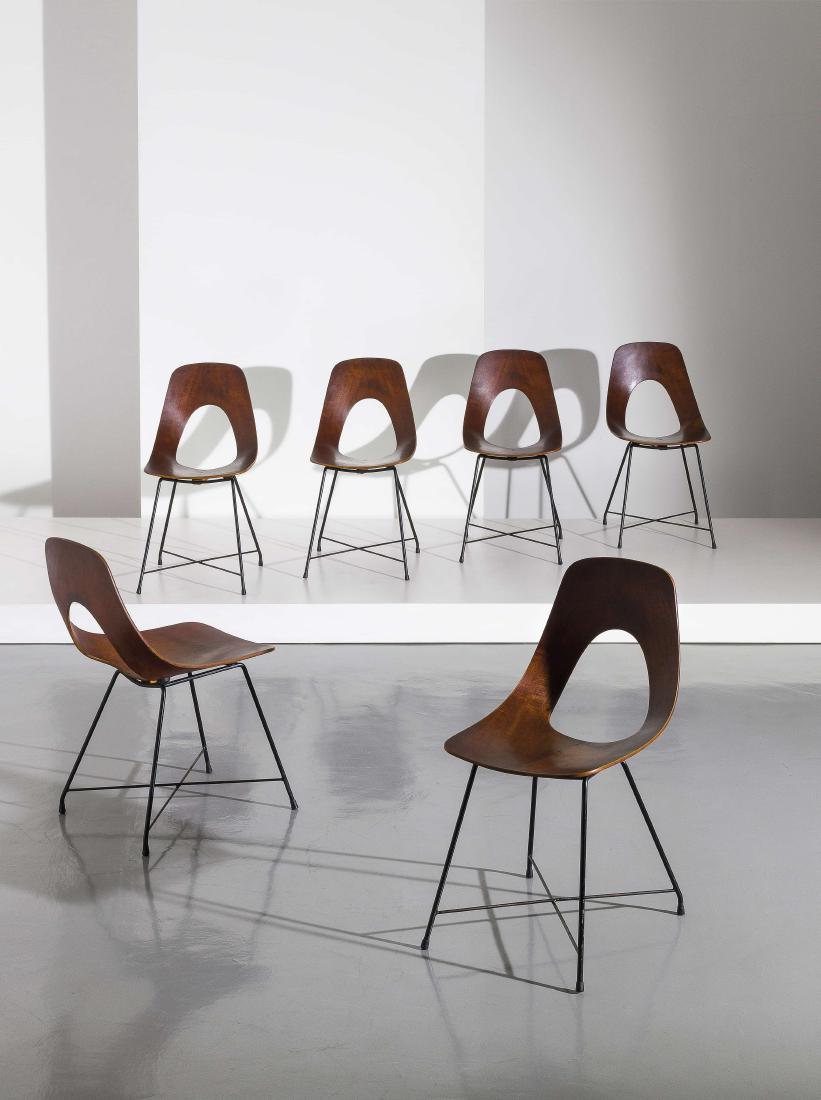 AUGUSTO BOZZI 6: Sei sedie mod. Ariston, Fratelli Saporiti anni '50. Metallo verniciato, legno curvato - SIX CHAIRS BY A. BOZZI Catalogo di produzione Saporiti