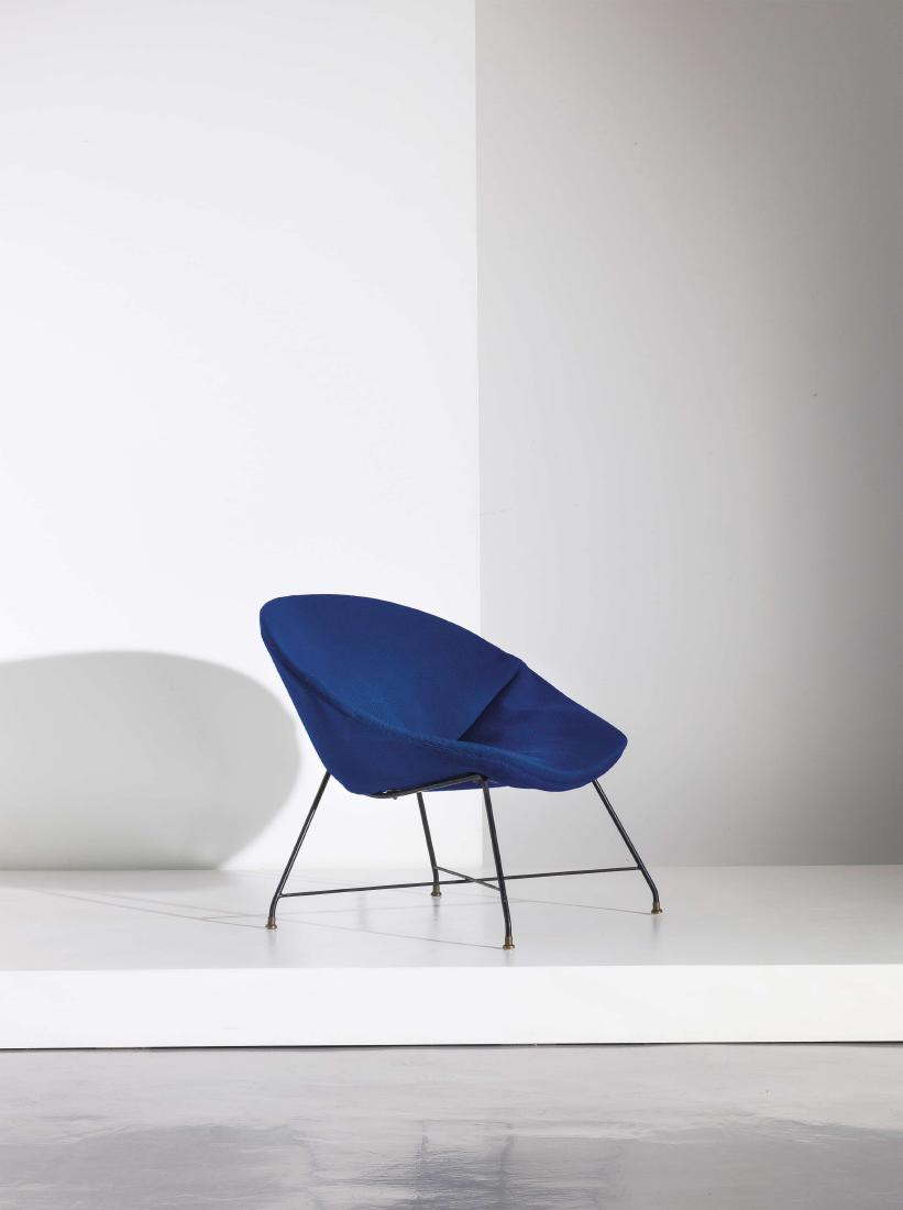 AUGUSTO BOZZI: Poltrona mod. Minoletta, Saporiti anni '50. Metallo verniciato, ottone, velluto imbottito - AN ARMCHAIR BY A. BOZZI cm 68x75x75 Etichetta della manifattura catalogo di produzione Saporiti