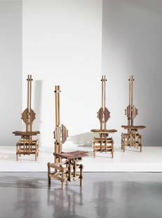 ANACLETO SPAZZAPAN 4: Quattro sedie scultura mod. "Sono", 1996. Legno, metallo verniciato - FOUR CHAIRS BY A. SPAZZAPAN cm 138x43x50