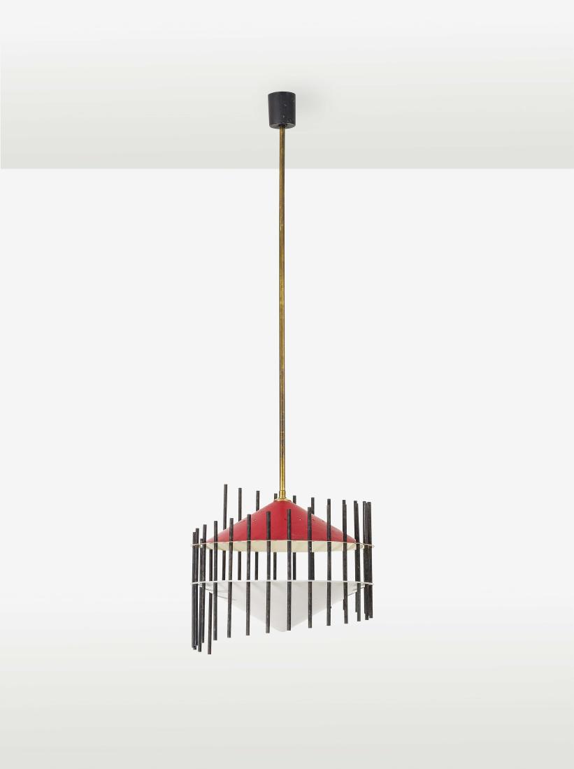 ANGELO BROTTO: Lampada a sospensione, Esperia anni '50. Ottone, alluminio verniciato, ferro ferniciato - A CEILING LAMP BY A. BROTTO cm 125x40