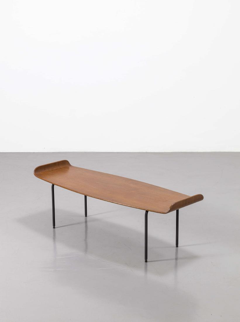 FRANCO CAMPO & CARLO GRAFFI: Tavolino, Home anni '60. Legno di teak, metallo verniciato - AN OCCASIONAL TABLE BY F. FRANCO & C. GRAFFI cm41x120x46 Etichetta della manifattura