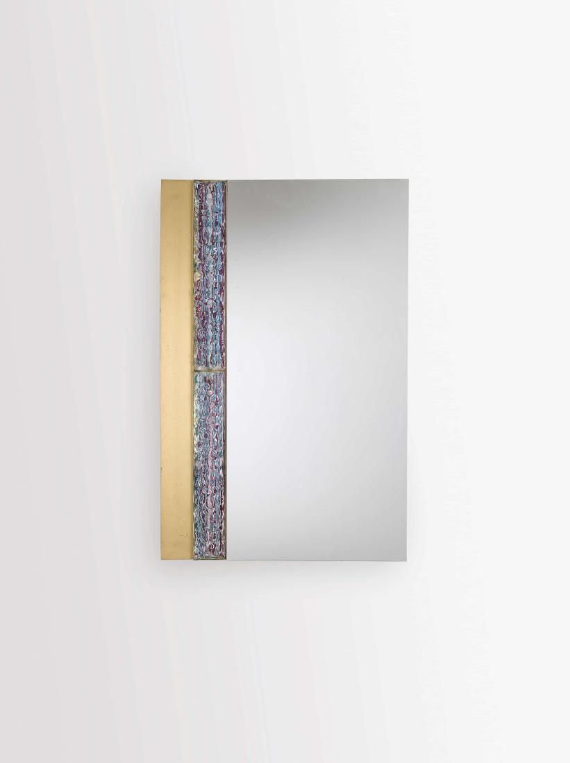 ANGELO BROTTO: Specchio da parete , Esperia anni '70. Cristallo molato e specchiato, bronzo, vetro a canne policrome - A MIRROR BY A. BROTTO cm 90x60