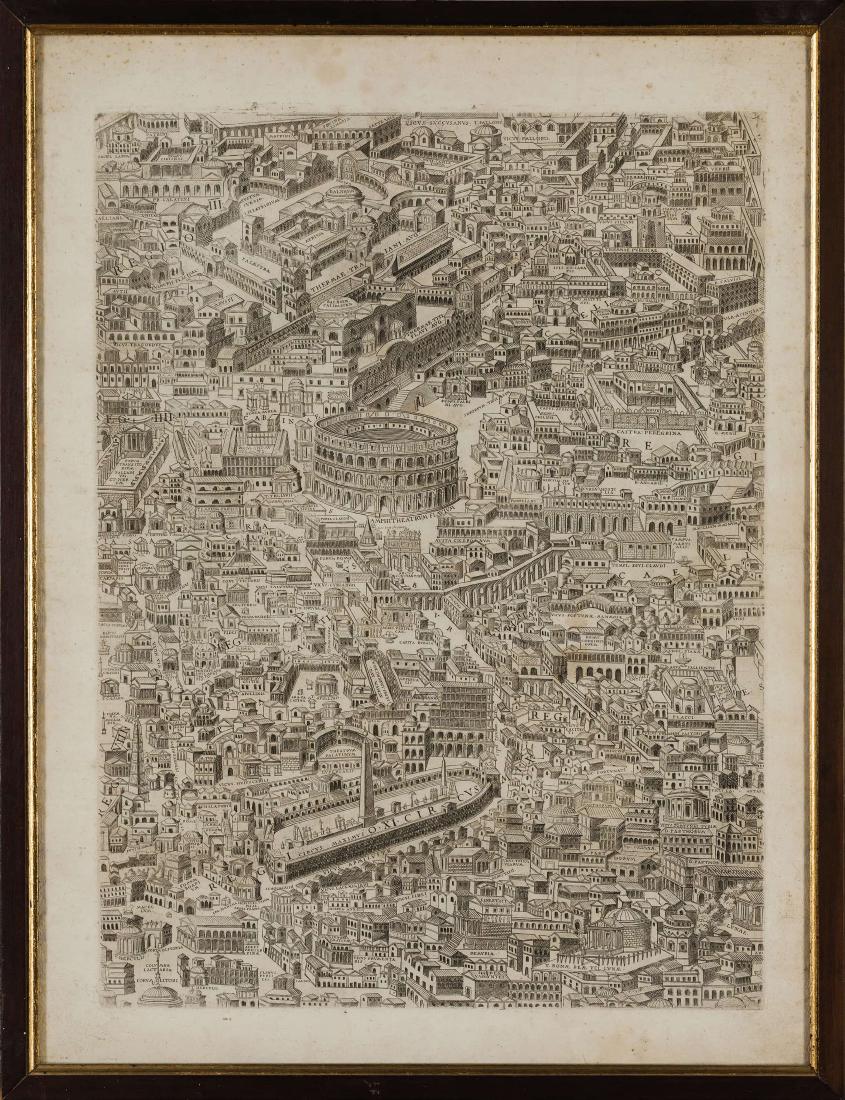 PIRRO LIGORIO: (Napoli, 1513 - Ferrara, 1583) gruppo di sei incisioni con fogli della pianta di Roma, unite ad UNA INCISIONE della volta della Basilica di San Pietro in Vaticano di Giacomo San Germano e DUE di Domen