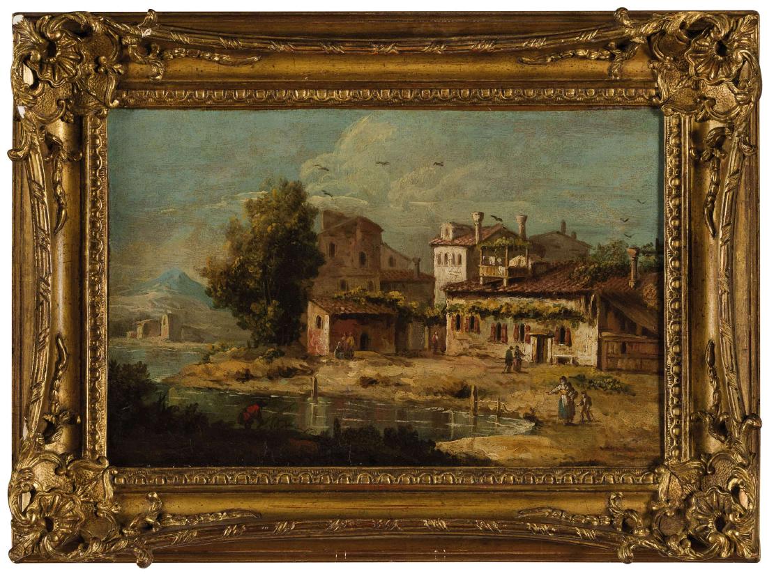 PITTORE VENETO DEL XVIII SECOLO: Paesaggio Olio su carta applicata su tela, cm 23X34 Figlio d'arte di Gaspare Diziani, Antonio fu prevalentemente pittore di paesaggi agresti, vicino ai toni lirico-pastorali di Zuccarelli e Zais, ma r