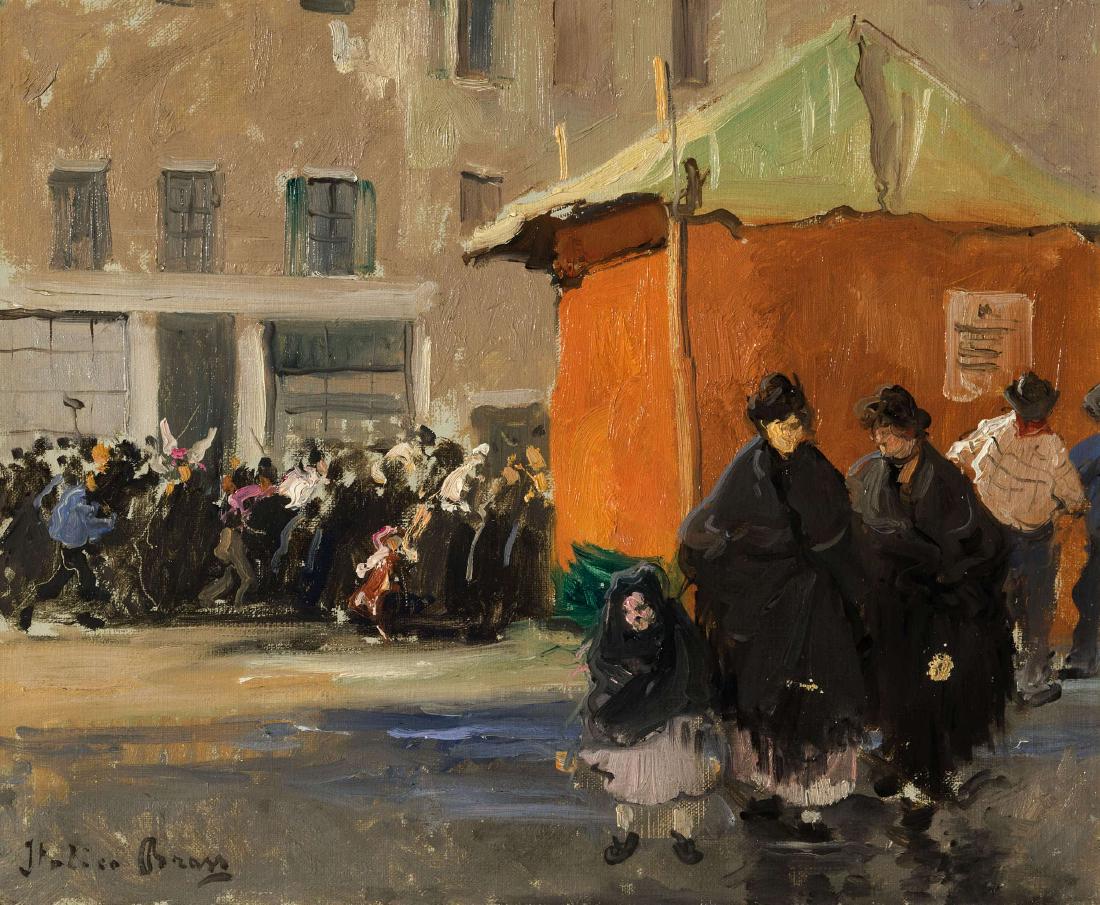 ITALICO BRASS: Gorizia 1870 - Venezia 1943 Casotto di Carnevale in Campo Santa Margherita Firmato 'Italico Brass'in basso a sinistra: Olio su tela cm 38X46 L opera reca al retro cartiglio d'Archivio Brass al n. 14-