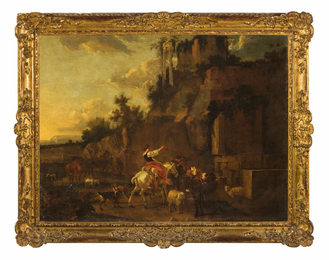 NICOLAES BERCHEM (maniera di): (Haarlem, 1620 - Amsterdam, 1683) Paesaggio con armenti Olio su tela, cm 84X111 Figlio del pittore di nature morte Pieter Claesz, fu allievo del padre, di Claes Moeyaert e di Jan Wils. Berchem soggior
