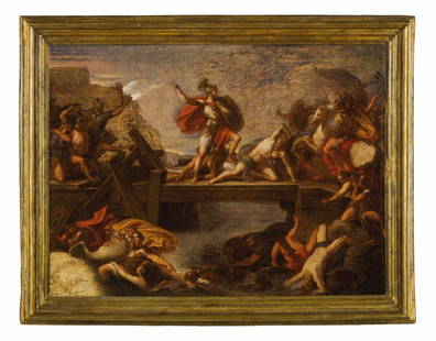 VINCENZO CAMUCCINI: (Roma, 1771 - 1844) Orazio Coclite, 1810-15 Olio su tela, cm 63X82 Bibliografia: F. Pfister, 'Disegni di Vincenzo Camuccini', 'Bollettino d'Arte', VIII, 1928, pp. 21-30 (inerente al disegno) G. Pianto