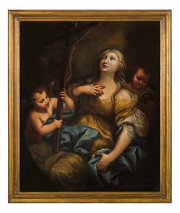PITTORE ATTIVO A ROMA NEL XVII-XVIII SECOLO: Maria Maddalena confortata dagli angeli Olio su tela, cm 140,7X114,3 Provenienza: New York, Christie's, 10 ottobre 1990, lotto 777 (come cerchia di Pier Leone Ghezzi) Il dipinto reca una attribuzione
