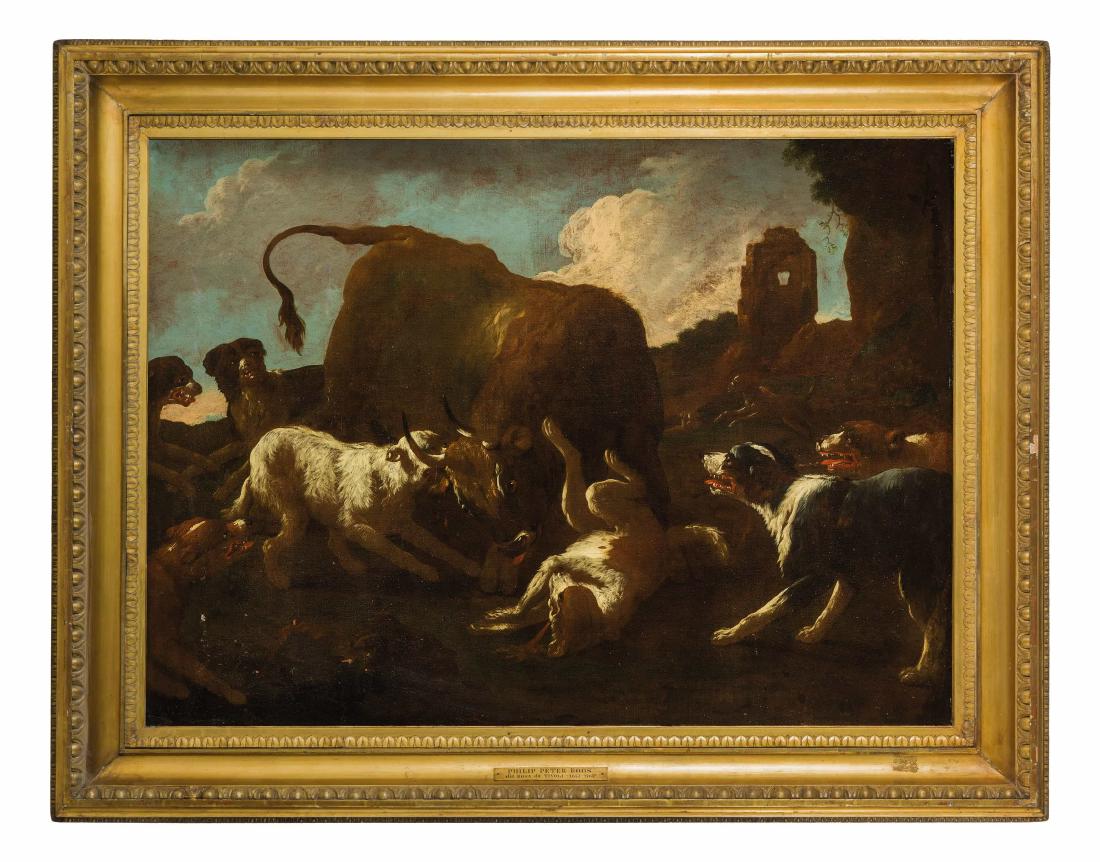 PHILIPP PETER ROOS detto ROSA DA TIVOLI: (Francoforte, 1655 o 1657 - Roma, 1706) Caccia al toro Olio su tela, cm 97X134 Figlio del pittore Johann Heinrich Roos, Philipp Peter Roos, conosciuto anche come Rosa da Tivoli, giunse in Italia nel 1
