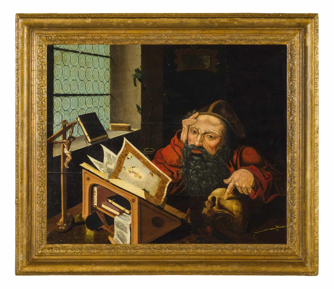 JOOS VAN CLEVE (seguace di): (documentato ad Anversa dal 1511 al 1540) San Gerolamo Olio su tavola, cm 65X77 Ideata da Durer e sviluppata da Joos Van Cleve questa immagine Ã¨ una delle piÃ¹ diffuse iconografie di San Gerolamo