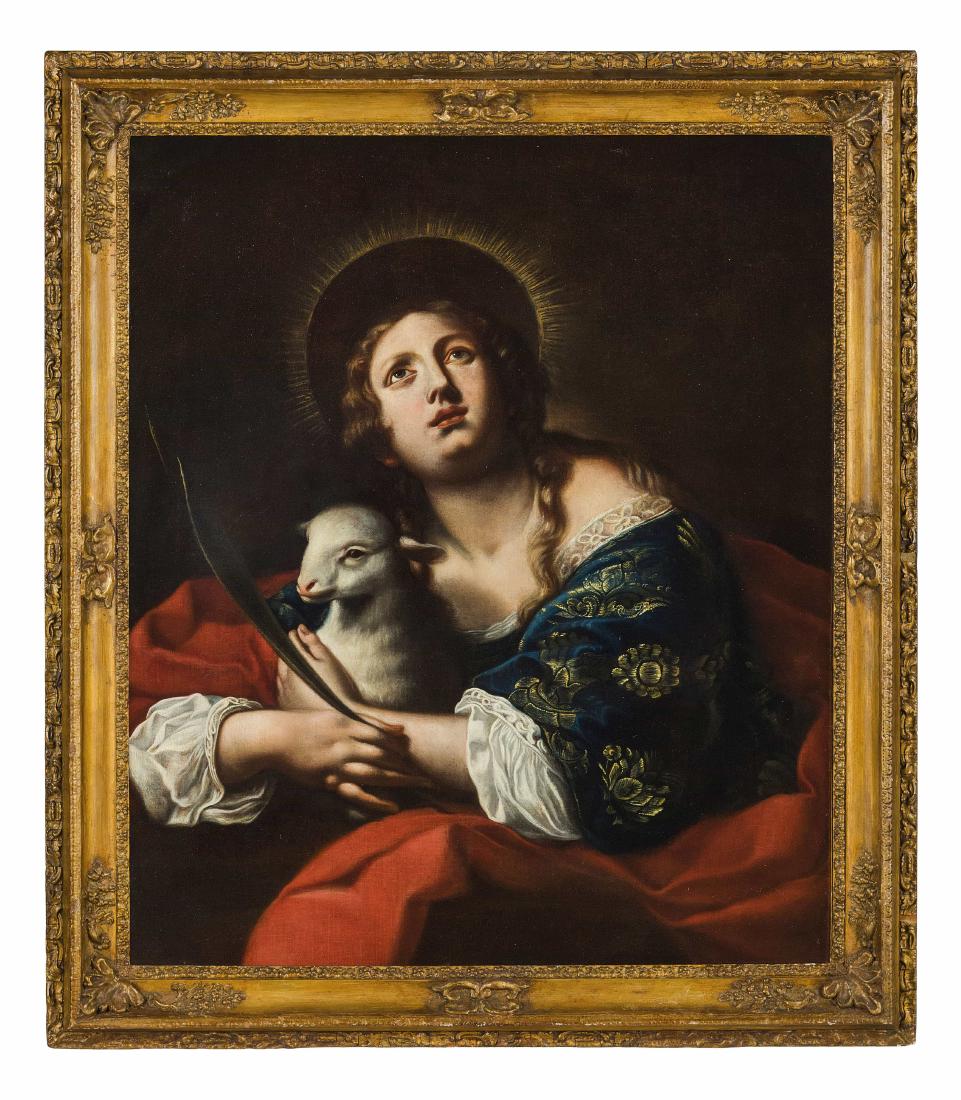 ONORIO MARINARI (attr.a): (Firenze, 1627 - 1715) Santa Agnese Olio su tela, cm 90X76 Provenienza: Londra, Christie's South Kensington, 7 luglio 1999 lotto 45 (come attribuito a Onorio Marinari). Dipinti di figure a mezzo busto