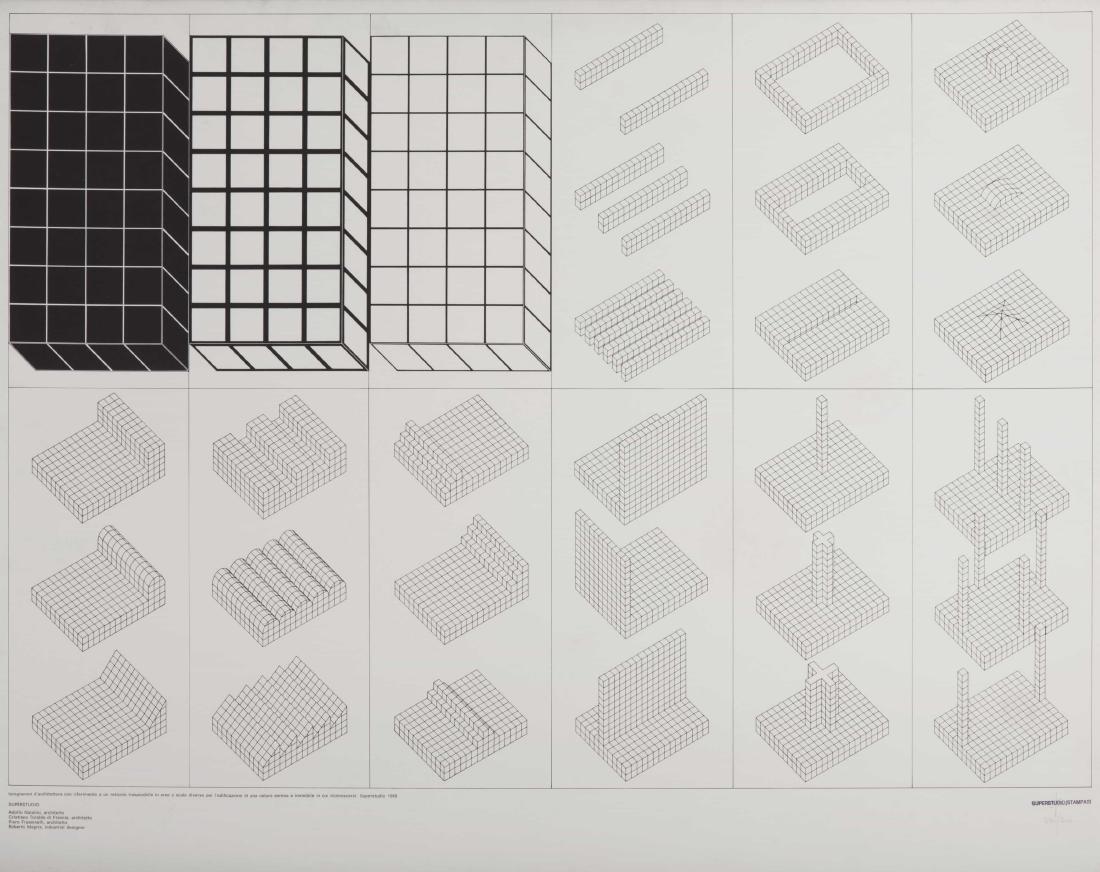SUPERSTUDIO GROUP: 1966 - 1986 Istogrammi d'architettura, 1969 Serigrafia su carta, cm 68,5 x 86,5 Timbrato, firmato e numerato in basso a destra Esemplare 490/500