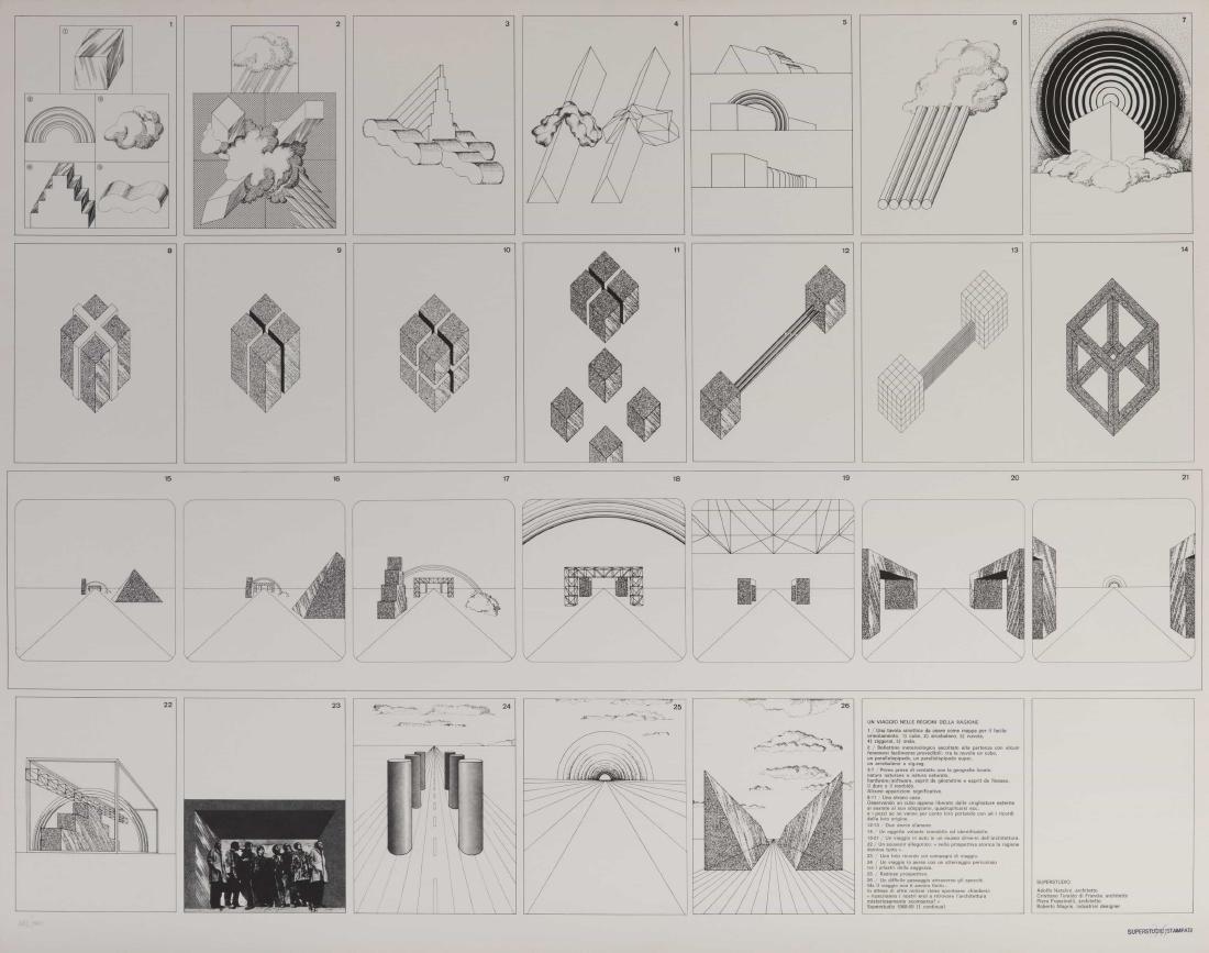 SUPERSTUDIO GROUP: 1966 - 1986 Un viaggio nelle regioni della ragione, 1972 Serigrafia su carta, cm 68,5 x 86,5 Timbrato e firmato in basso a destra, numerato in basso a sinistra Esemplare 482/500