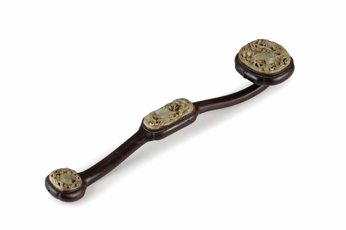 SCETTRO IN LEGNO ZITAN CON INSERTI IN GIADA, CINA, (1 of 6)