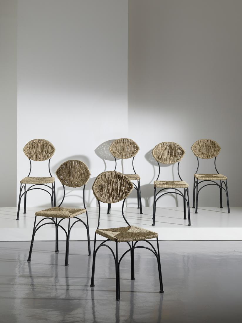 TOM DIXON: Sei sedie mod Banana Chair, Cappellini 1988. Metallo verniciato, paglia - SIX CHAIRS BY T. DIXON cm 97x42x40