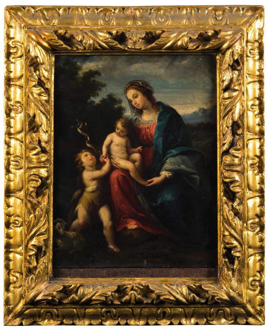FRANCESCO VANNI (maniera di): (Siena, 1563 - 1610) Madonna con il Bambino e San Giovannino Olio su tela, cm 33,5X26,5