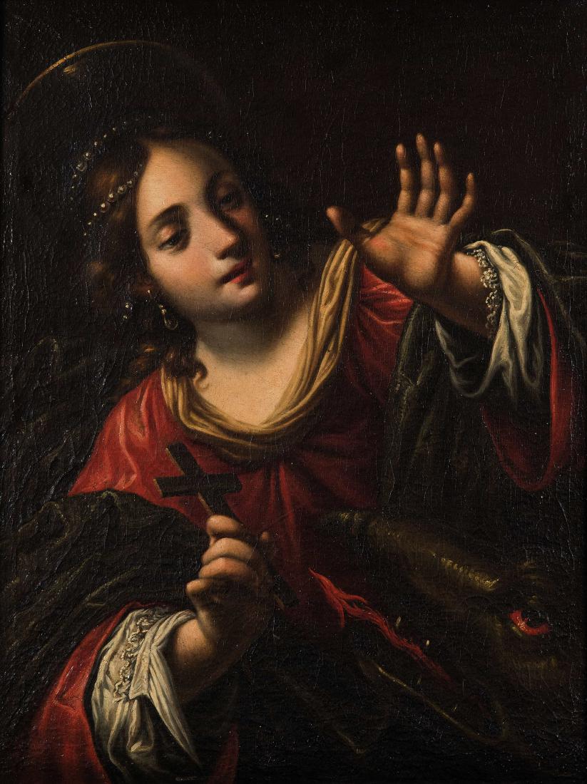 ONORIO MARINARI (attr. a): (Firenze, 1627 - 1715) Santa Margherita Olio su tela, cm 70,5X55 Dipinti di figure a mezzo busto, dal morbido chiaroscuro e dall'incarnato diafano, sono una tipologia illustrativa peculiare della pitt