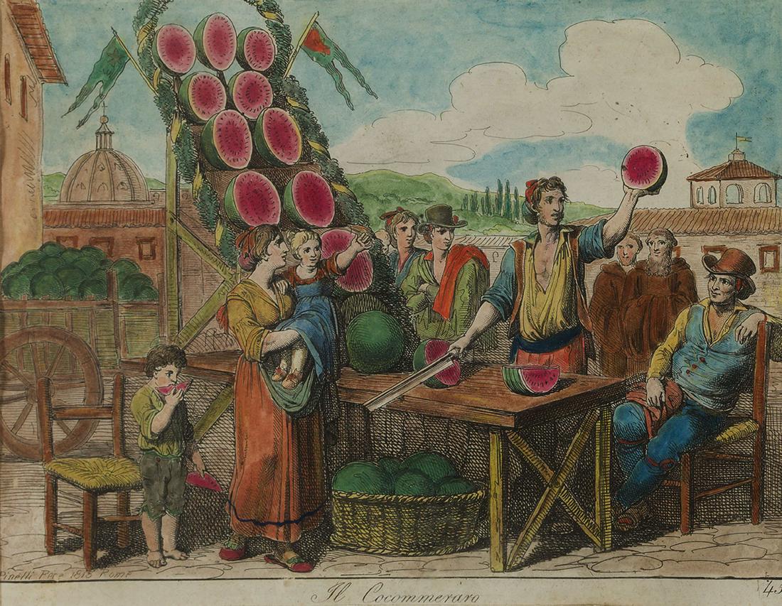 BARTOLOMEO PINELLI: (Roma, 1781 - ivi, 1835) due di incisioni acquarellate (parte di album di trentasei fogli) raffiguranti 'Scene e Costumi di Roma e del Lazio', in cornice di legno con bordo dorato- usure, poche piegat