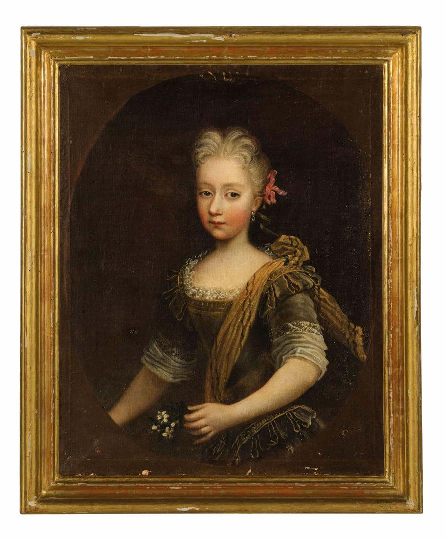 GODFREY KNELLER (scuola di): (Lubecca, 1646 - Londra, 1723) Ritratto di bambina con fiori Olio su tela, cm 80X62 Nato a Lubecca, Gottfried Kneller studiÃ² presso la cittÃ di Leida nelle botteghe di Ferdinand Bol e Rembrandt.