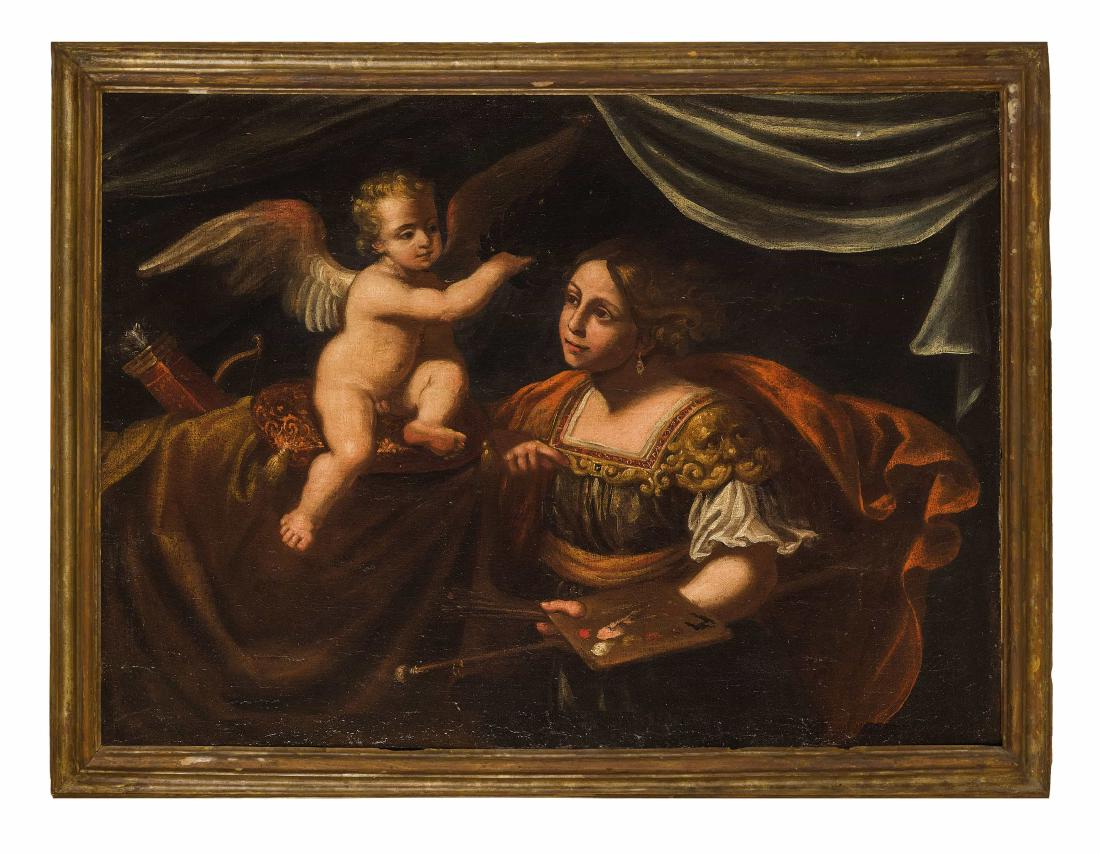 LUCREZIA SCARFAGLIA (attr. a): (Attiva a Bologna nella seconda metÃ del XVII Secolo) Allegoria della Pittura Olio su tela, cm 93X125 Lucrezia Scarfaglia si formÃ² nella bottega di Elisabetta Sirani e l'unico suo dipinto oggi n