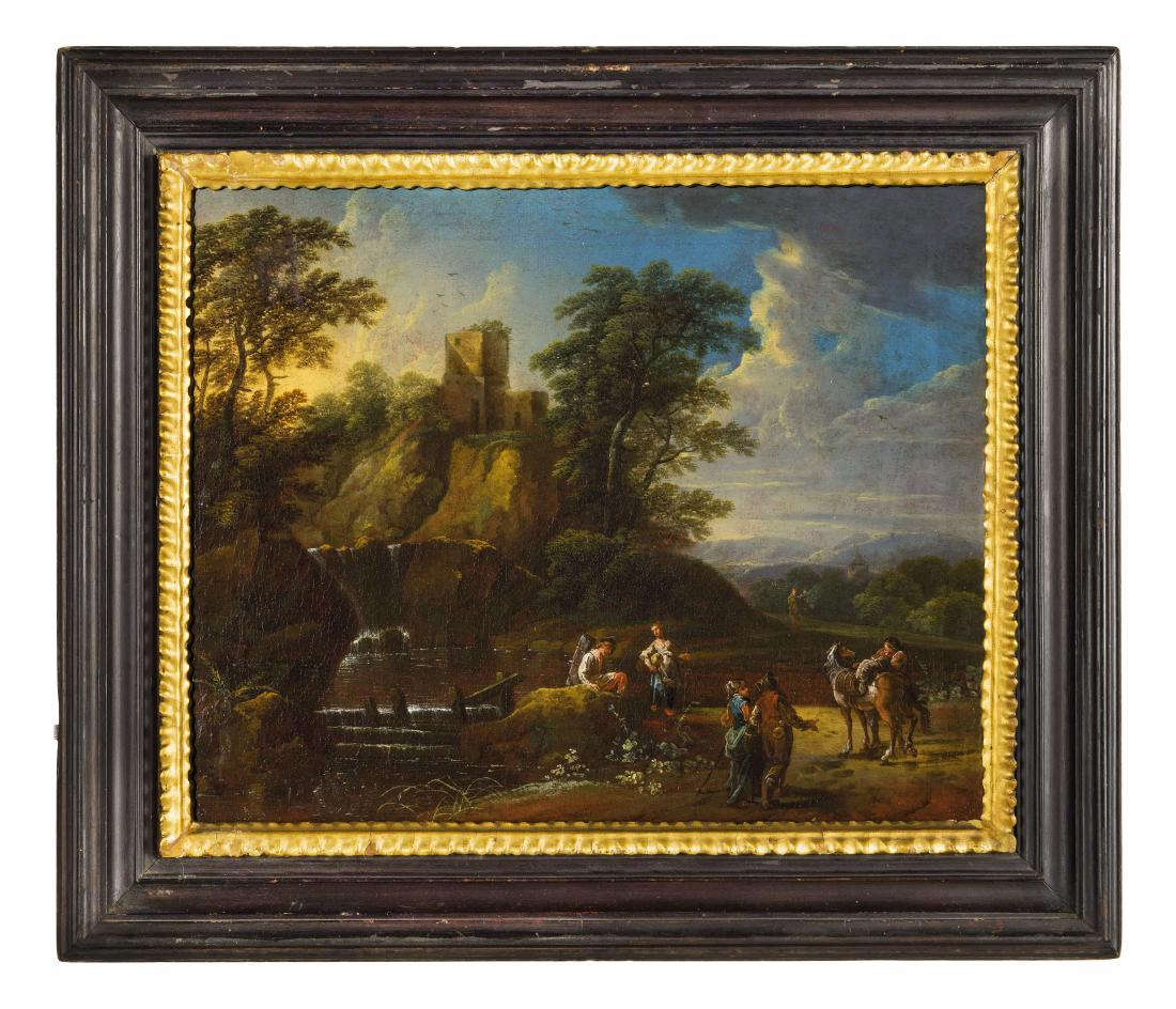 ISAAC DE MOUCHERON (attr. a): (Amsterdam, 1667 o 1670 - 1744) Coppia di paesaggi Olio su tela, cm 35X45 (2) Di squisito gusto italianizzante, l'esecuzione di queste tele dovrebbe collocarsi ai primi anni del XVII Secolo, quando l'