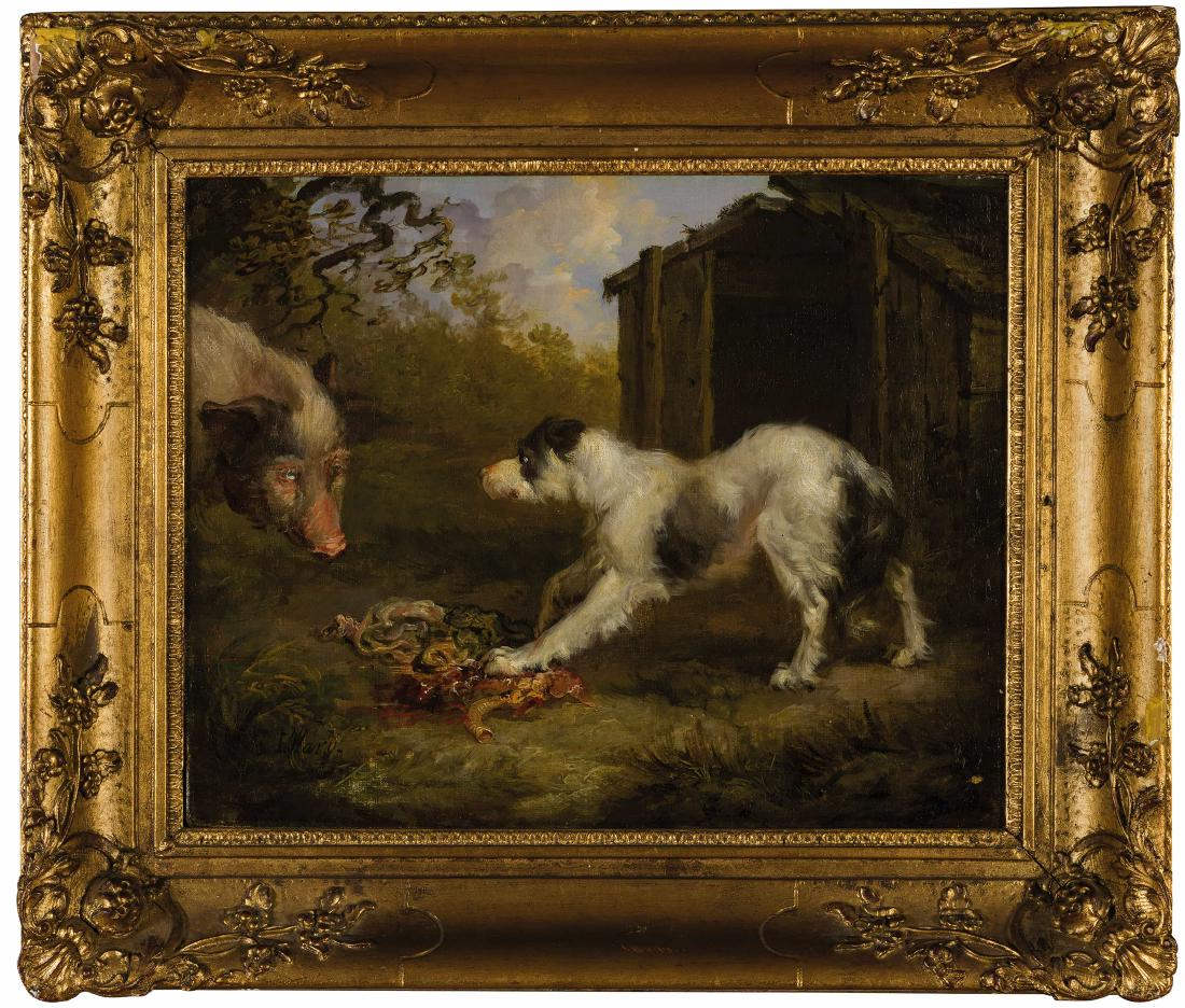 JAMES WARD: (Londra, 1769 - Cheshunt, 1859) Cane che ruba la carne Cane e cinghiale Olio su tela, cm 31X38 (2)