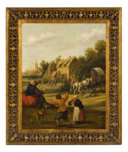 JOOST CORNELISZ DROOCHSLOOT (attr. a): (Utrecht, 1586 - 1666) Scena di villaggio Olio su tela, cm 73X64 Joost Cornelisz Droochsloot nacque probabilmente nel 1586 a Utrecht e nel 1616 è registrato alla Gilda di San Luca. Due anni più