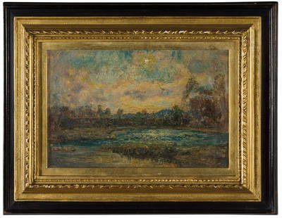 LEONARDO BISTOLFI: Casale M.to, 1859 - La Loggia, 1933 Impressione, paesaggio fluviale Firmato 'L Bistolfi' in basso a destra Olio su tavola, cm 17X27 L'opera reca sul retro iscrizione '30 /11 /43 L. Bistolfi dedicato a