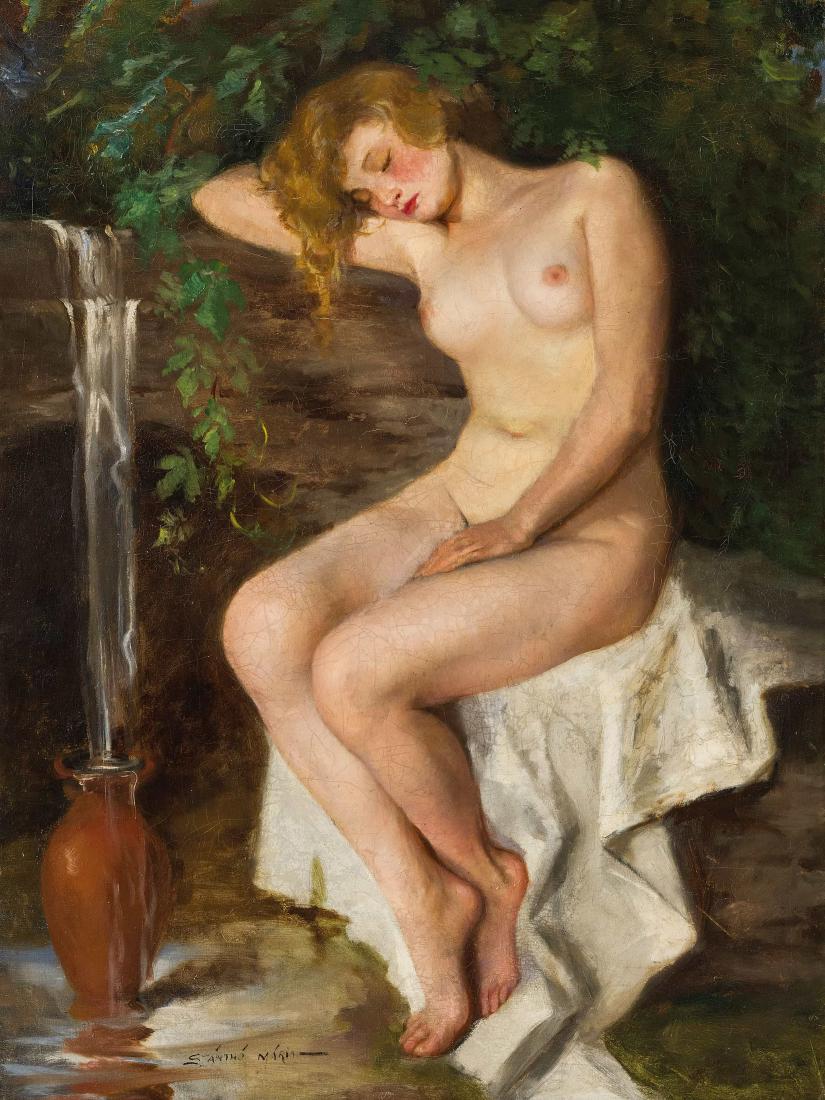 MARIA SZANTHO: Szeged, 1898 - 1984 Nudo di donna Firmato 'Szantho Maria' in basso a sinistra Olio su tela, cm 80X60 Maria Szantho, espone dalla metÃ degli anni Venti nelle principali gallerie d'arte come il Mucsa