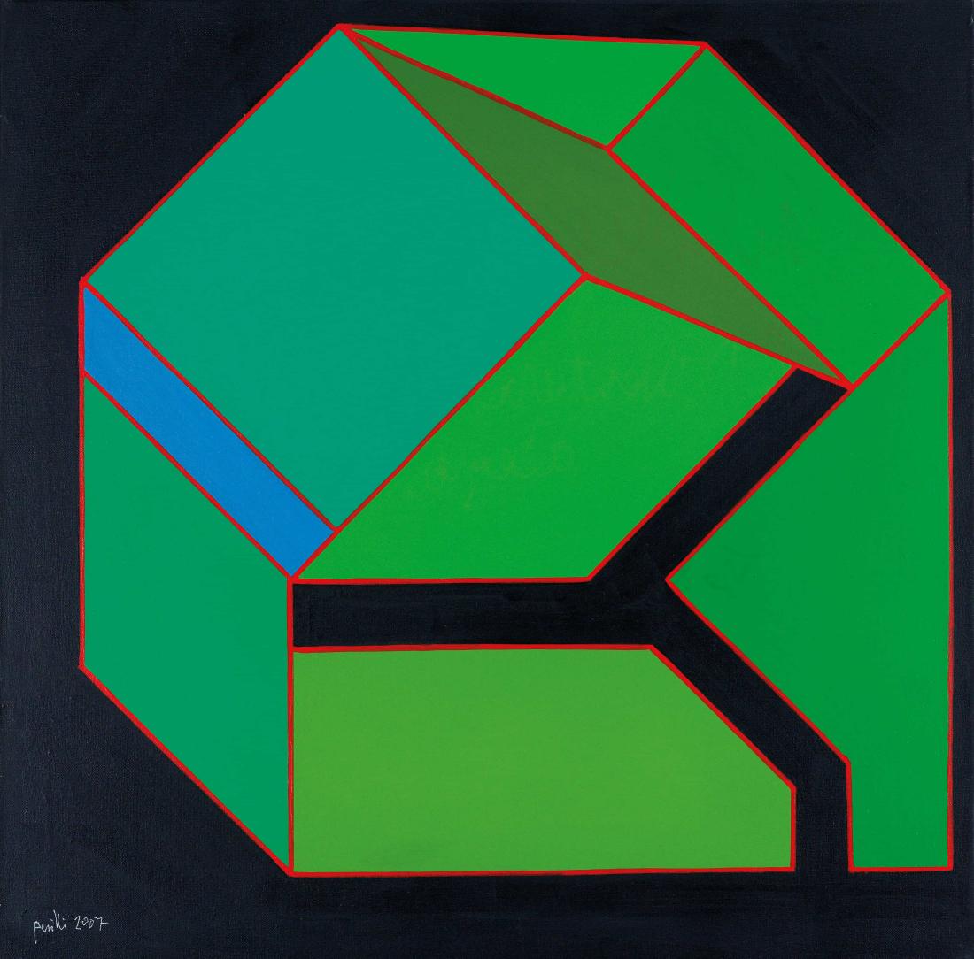 ACHILLE PERILLI: Roma 1927 L'avventura allegra, 2007 Tecnica mista su tela, cm 50 x 50 Firmato e datato in basso a sinistra- firmato, datato e titolato sul retro Autentica su fotografia dell'artista, nÂ°144 Provenie