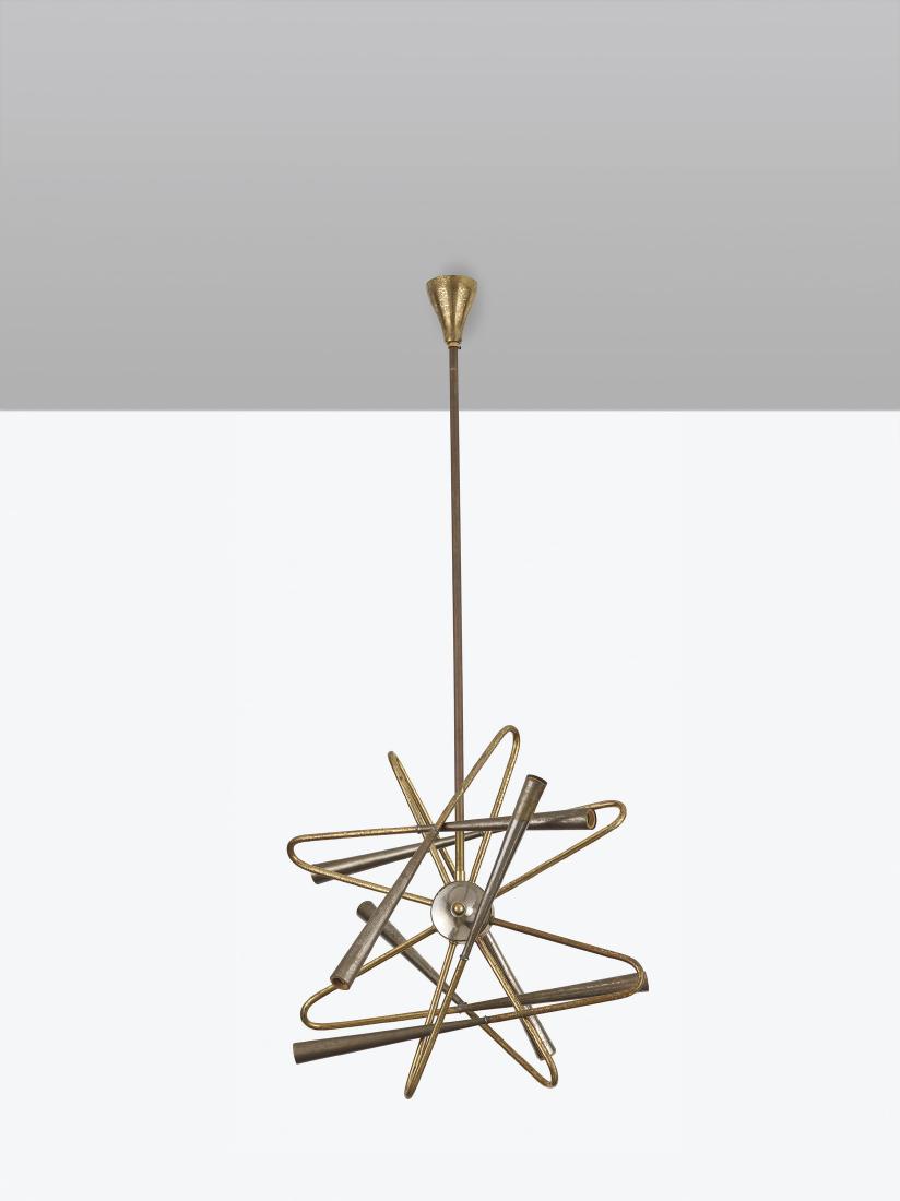 STILNOVO: Lampada a sospensione anni '50. Ottone cm 120x48 A CEILING LAMP BY STILNOVO