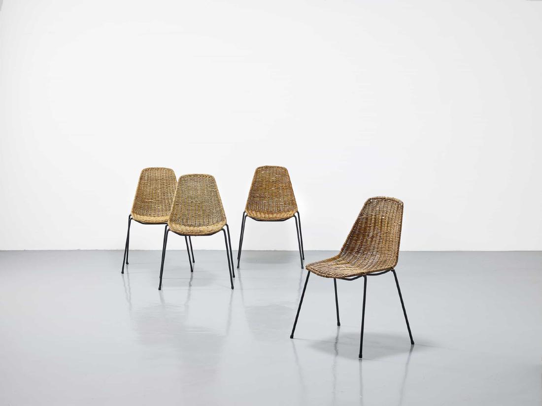 FRANCO CAMPO & CARLO GRAFFI - 4: Queattro sedie, Home anni '60. Metallo verniciato, midollino Difetti cm 80x47x45 FOUR CHAIRS BY F. CAMP & C. GRAFFI