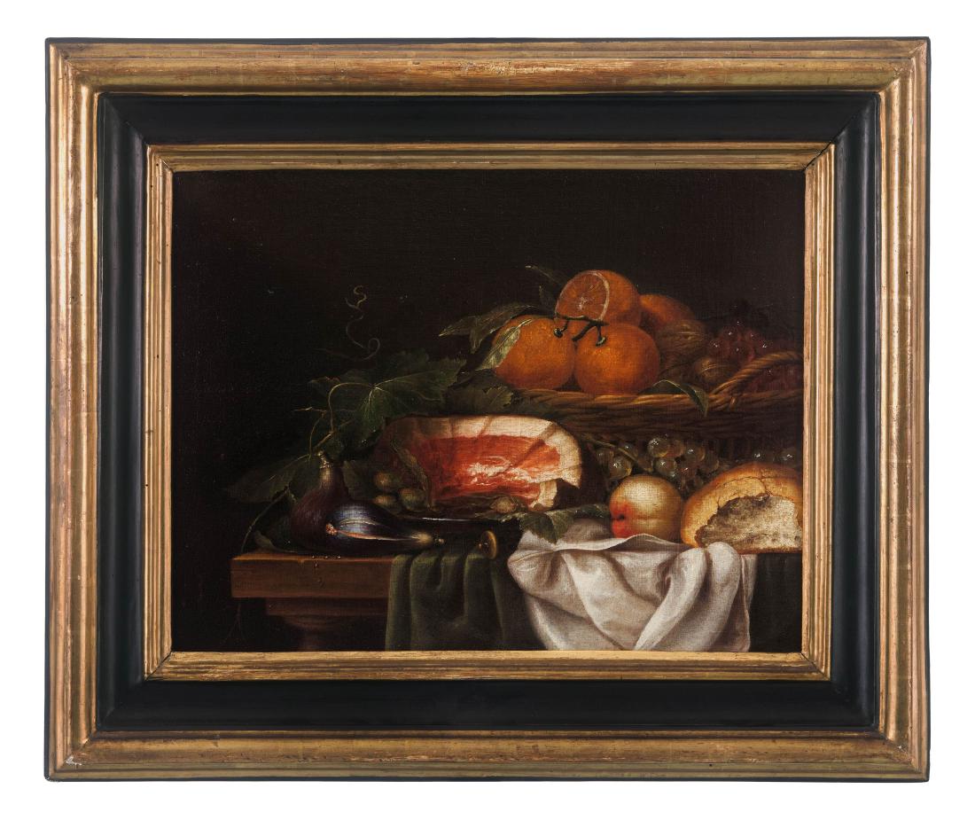 JORIS VAN SON (seguace di): (Anversa, 1623 - 1667) Natura morta con prosciutto, fichi e arancie Olio su tela, cm 41X56 Joris van Son divenne giÃ nel 1643/44 maestro della Gilda di San Luca ad Anversa. Dipinse ghirlande di fio