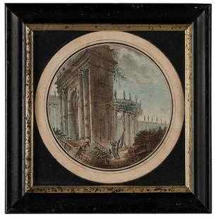 JEAN BAPTISTE LALLEMAND: (Dijon or Reims, 1716 - Parigi, 1803) Capriccio architettonico Tempera su carta, diam. cm 11 Il disegno per i caratteri di stile si può attribuire al pittore di origini francesi Jean-Baptiste Lalle